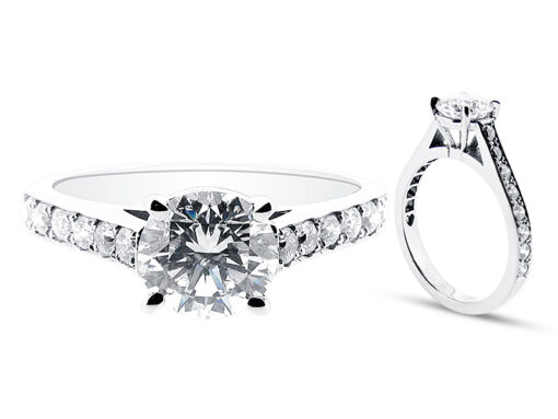Round Brilliant Four Claw Setting with Pave Set Shoulders Engagement Ring