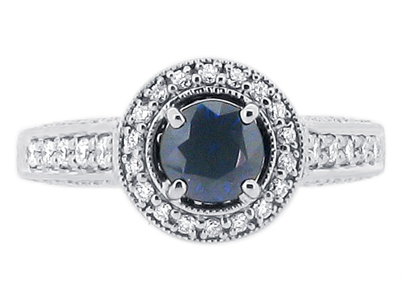 Round Sapphire Set in Diamond Antique Halo Style Engagement Ring - ER 1248