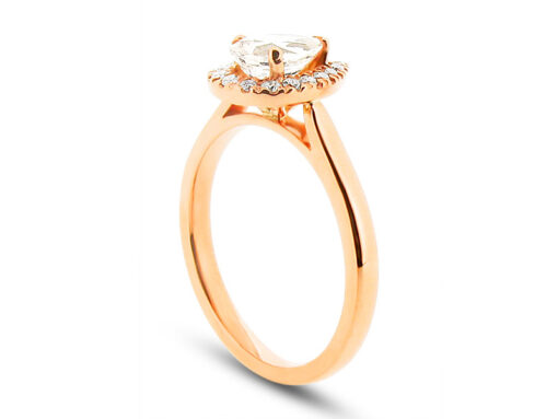 Pear Peach Sapphire Rose Gold Halo Engagement Ring with Scallop Set Diamonds