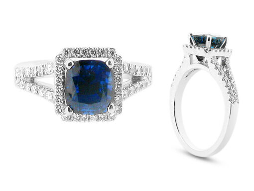 Cushion Cut Sapphire Four Claw Halo with Scallop Set Diamond Slit Shoulders
