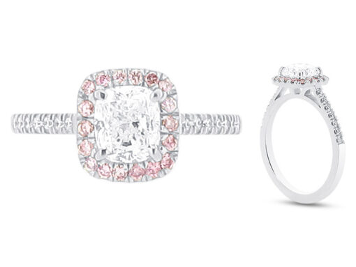 Cushion Cut Solitaire with Pink Diamonds set in Halo Engagement Ring - ER 1577