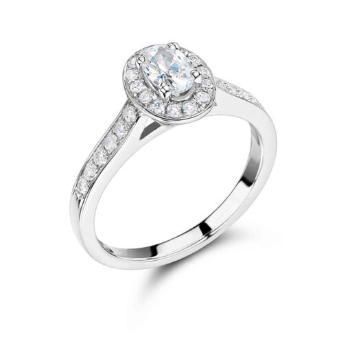 Oval Diamond with Pave Set Halo and Shoulders Engagement Ring