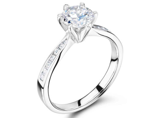 Diamond Engagement Ring Six Claw Round Solitaire with Channel Set Shoulders